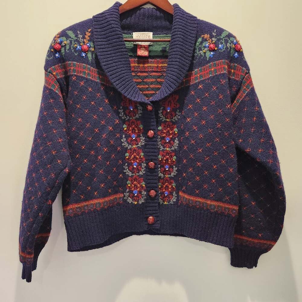 Vintage Susan Bristol Hand Embroidered 100% Pure Wool Cardigan Large Cottagecore